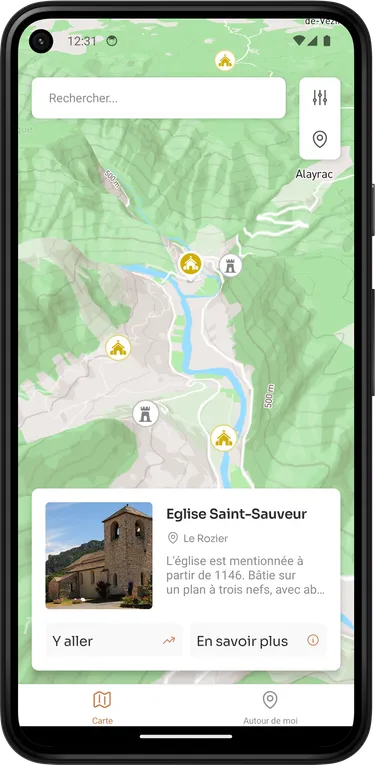 Une capture d'écran de l'application Carte du Patrimoine présentant les informations de l'église Saint-Sauveur du Rozier
